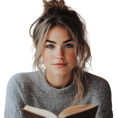 A Woman Reading a Book Isolated on Transparent Background
