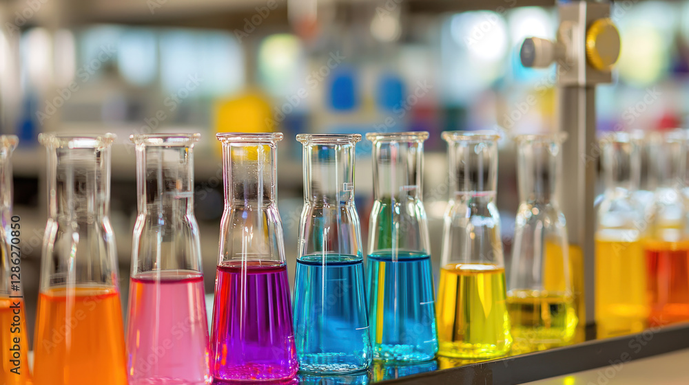 Poster colorful laboratory flasks filled with various liquids in lab setting