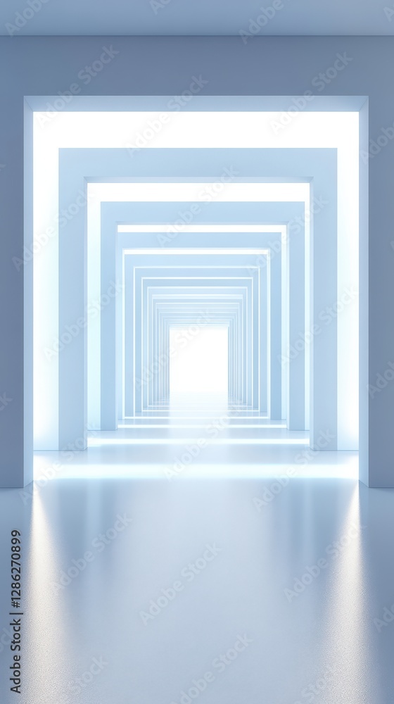 Poster a dimly lit room featuring a white floor with a faint light illuminating the space at the far end, c