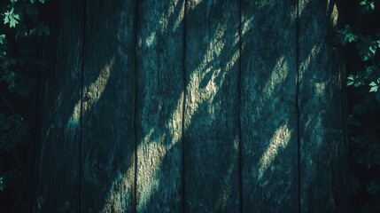 A rustic arrangement of weathered wood planks adorned with fresh green leaves, casting a delicate shadow from an overhead tree.