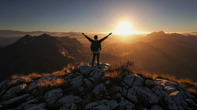 A person stands on a rocky peak at sunrise, arms outstretched. Captured from a low angle, this scene evokes freedom, ideal for a motivational video.