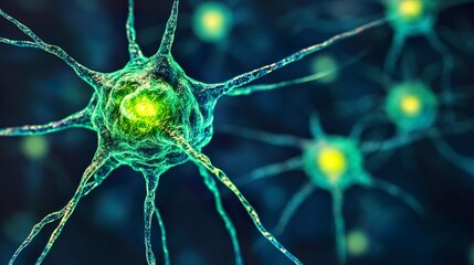 Close-up of a neuron with a green sphere in the center of its structure and synapses