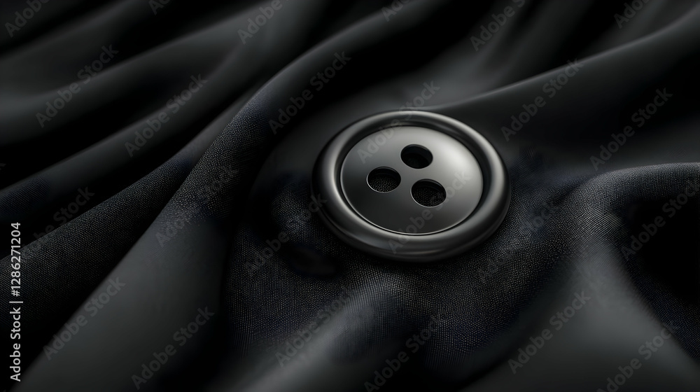 Poster a close-up view of a black button on a soft, flowing black fabric, creating an elegant and sophistic