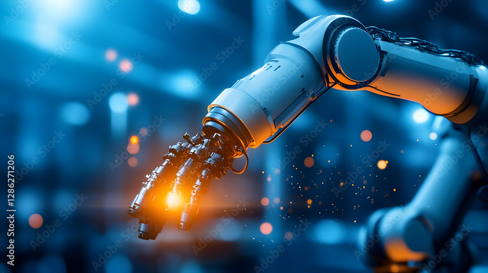 Poster a close-up view of an advanced robotic arm with intricate details and bright sparks, showcasing inno