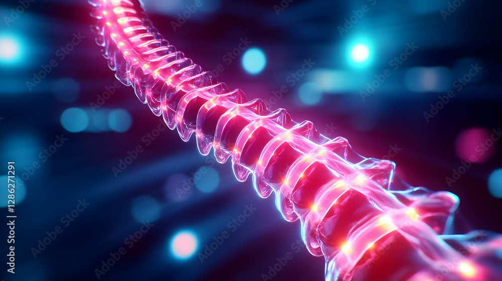 Poster a close-up view of a glowing spine structure, showcasing intricate details and luminescent colors in
