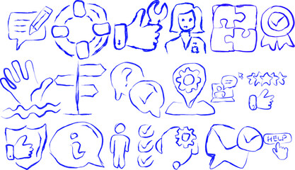 set of Customer Service and Support icons in doodle style. Thin Line Set contains Icons such as Online Help, Help Desk, Quick Response, Feedback and more. Collection of simple web icons.