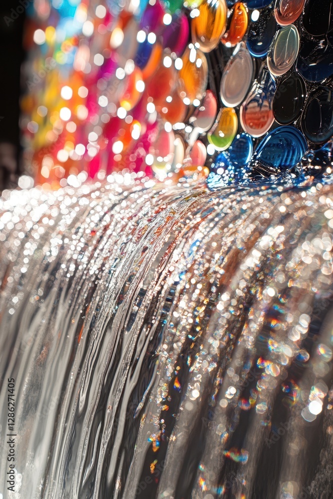 Poster a vibrant close-up of a fountain adorned with an array of colorful beads, showcasing intricate desig