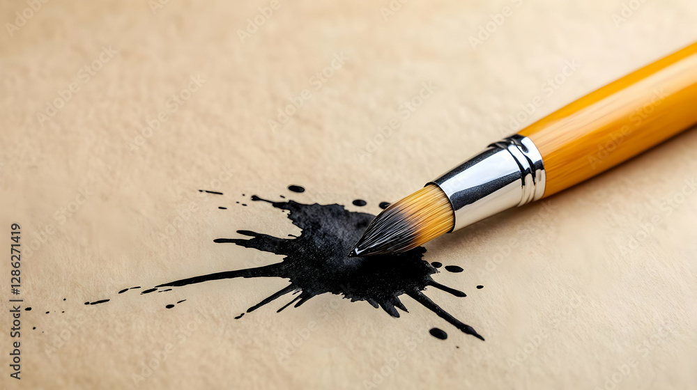 Poster a close-up view of a paintbrush creating ink splatters on textured paper, showcasing artistic expres