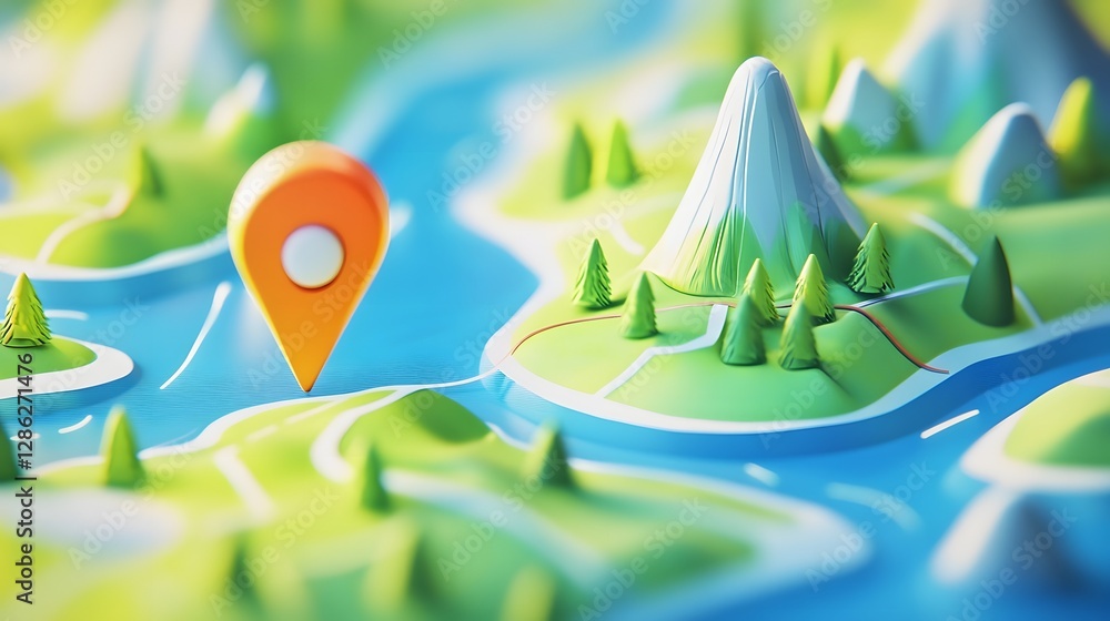 Leinwandbilder Minimalist 3D depicting an idyllic mountainous landscape with a navigation pin pointer representing the concept of adventure in a natural serene environment