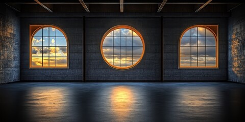 A room features three large windows, offering a panoramic view of the clear sky outside, enhancing the airy and open atmosphere.