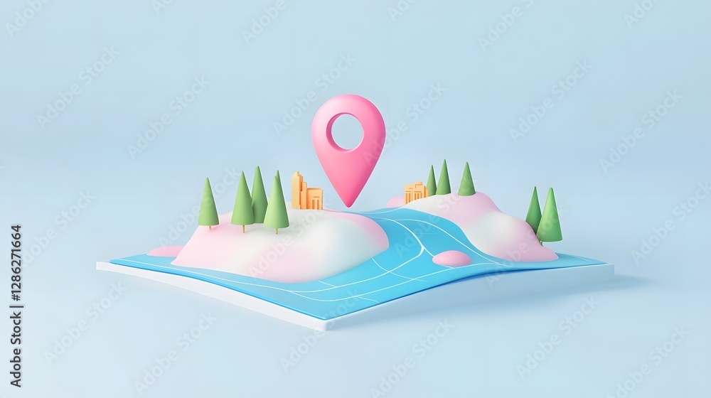 Leinwandbilder Minimalist 3D digital map with colorful navigation pointer pin and mountainous landscape background  Concept of tourism