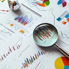 Statistical Analysis with Magnifying Glass Examining Business Reports and Data Visualization on Paperwork