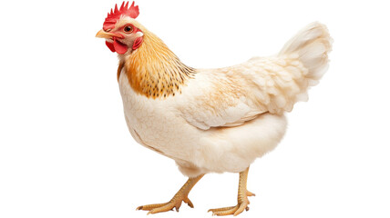 Fototapeta premium White hen walking gracefully on a clean surface in a bright environment, showcasing its vibrant feathers and lively demeanor