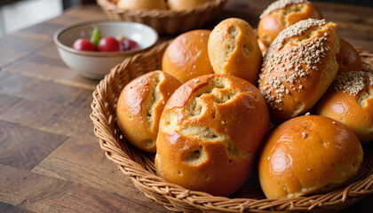 Freshly baked bread rolls in a woven basket