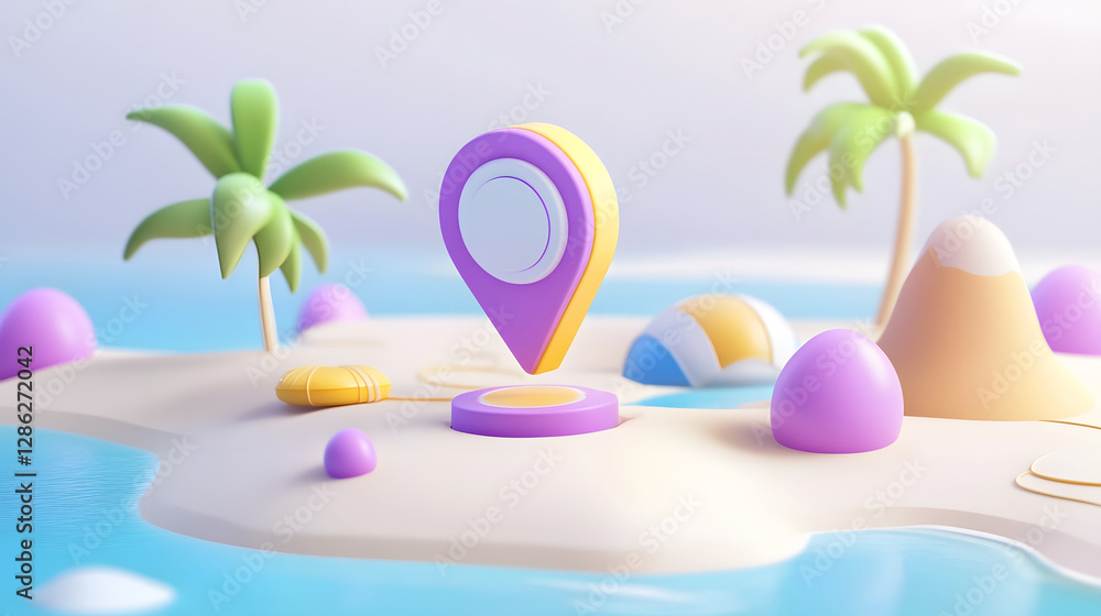 Poster minimalist 3d digital rendering of a tropical island with a colorful navigation marker icon represen