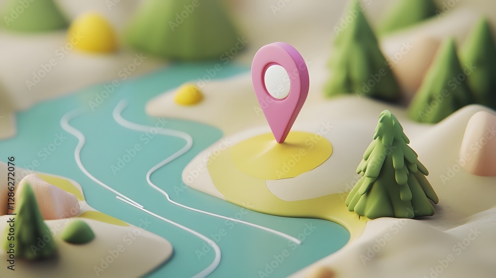 Poster minimalist 3d digital map with forest mountain and river landscape elements and gps navigation pin p