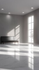 Fototapeta premium A cozy room features a couch, a window allowing natural light, and a wooden bench, creating a welcoming atmosphere for relaxation and comfort.