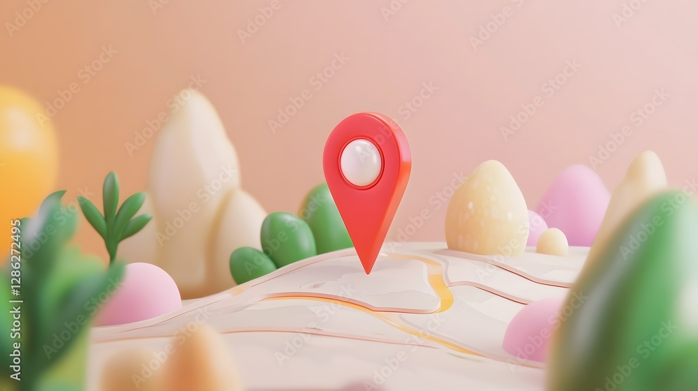 Poster Minimalist abstract landscape with a red map location pointer pin on a mountain and hill terrain background  Concept of discovering new destinations
