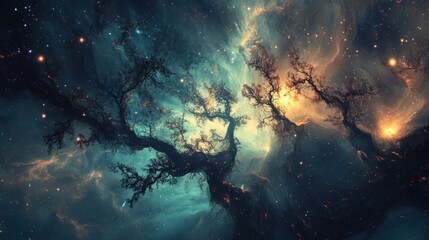 Obraz premium A celestial forest of nebula trees, their glowing branches stretching through deep space
