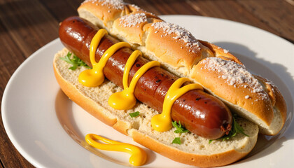 Hot dog with mustard on plate