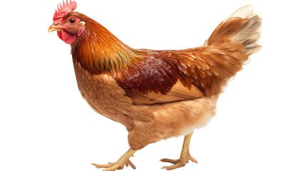 Fototapeta premium Brown hen walking confidently across a plain background in a vibrant display of feathers and charm