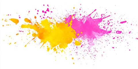 Obraz premium Vibrant pink and yellow paint splatters create an energetic abstract art background for design projects.