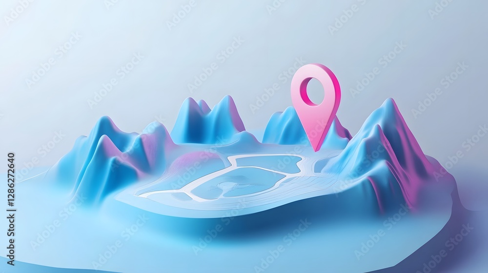 Poster Minimalist 3D rendering of a mountain landscape with a pink location pin icon representing the concept of navigation travel or a mobile app design for outdoor and tourism