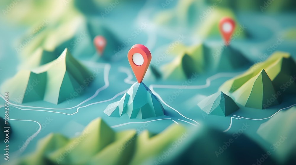 Poster Minimalist and geometric digital landscape featuring mountain peaks with abstract navigation pin or marker symbols  Concept of digital mapping or data visualization