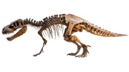 Dinosaur skeleton display museum exhibition png with transparency background white environment educational concept