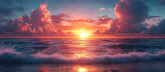Fototapeta premium Vibrant sunset over ocean waves with dramatic clouds.