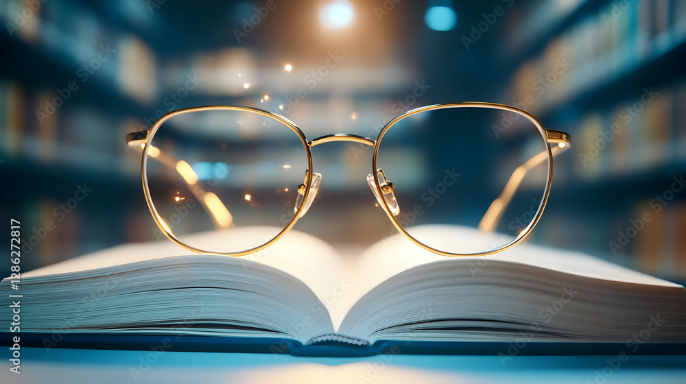 Aufkleber a cozy scene featuring glasses resting on an open book, illuminated by soft library lights, inviting