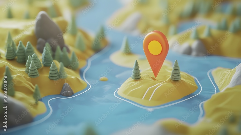 Poster minimalist depicting a serene picturesque landscape with a navigation pin marker placed on a scenic 