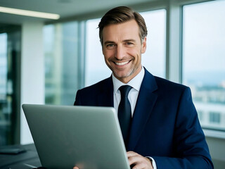 Smiling businessmanholding a laptop with gazing at the camera,business concept
