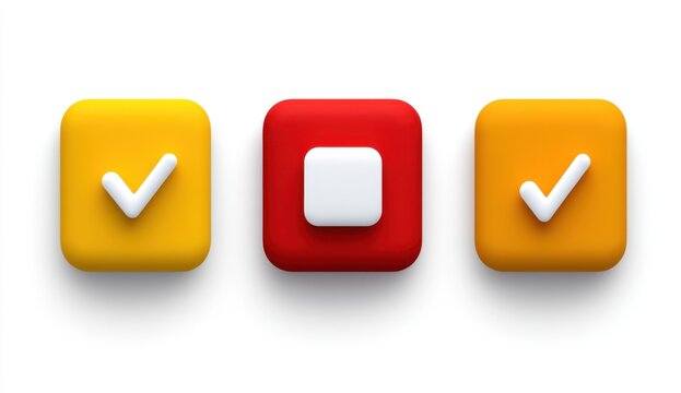 Three square buttons in yellow, red, and orange shades. Each button features a checkmark or a blank square. The buttons are three dimensional and