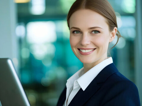 Smiling businesswoman, holding a laptop with gazing at the camera,business concept
