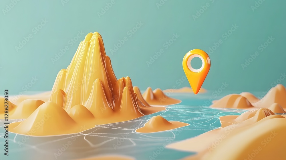 Aufkleber Minimalist desert mountain landscape with navigation pin pointer representing the search for adventure in remote scenic environments