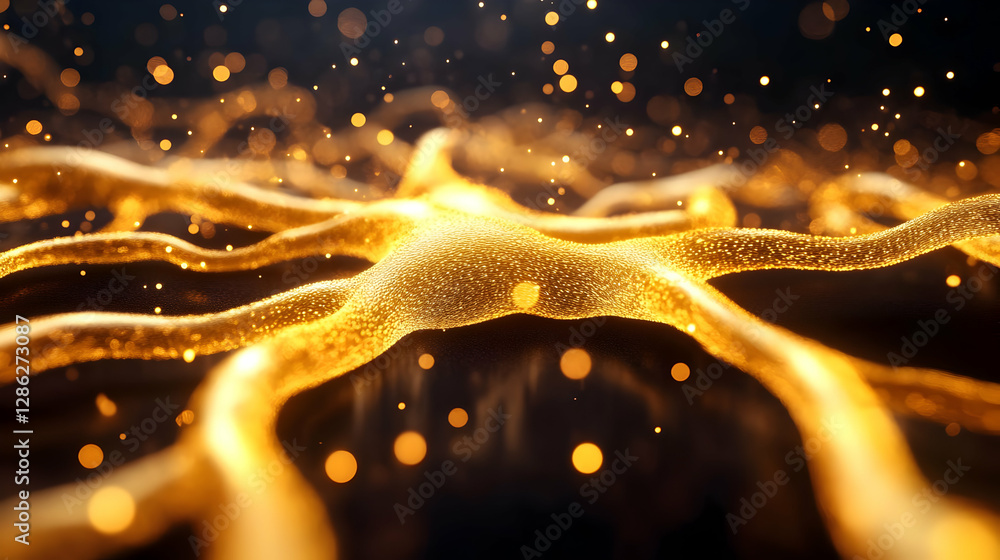 Poster a dazzling close-up of golden particles swirling in a fluid-like pattern, creating a mesmerizing abs