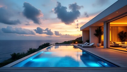 Fototapeta premium Luxury villa, infinity pool, ocean view, sunset, modern architecture, floor-to-ceiling windows