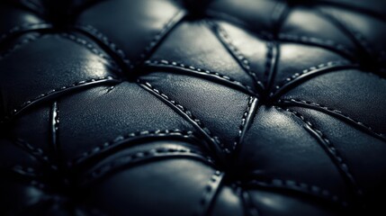 Obraz premium A detailed view of a black leather couch showcasing intricate stitching patterns and textures, highlighting its elegance and craftsmanship.