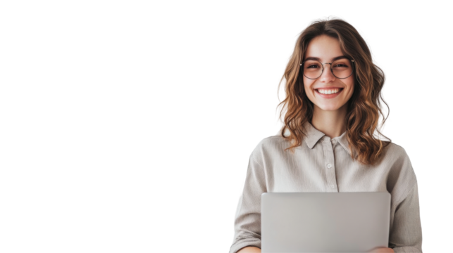 Smiling young woman holding laptop studio png image transparent background white environment professional concept - Powered by Adobe