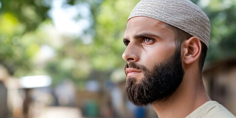 Bearded man wearing white skullcap and traditional attire standing in outdoor religious gathering looking focused and deeply engaged in spiritual reflection and community prayer