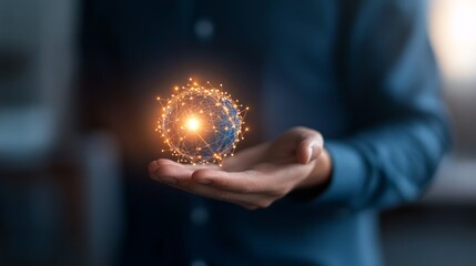 A businessman hovers his hand over a radiant digital globe, illustrating the dynamic connections of modern business and innovative marketing strategies