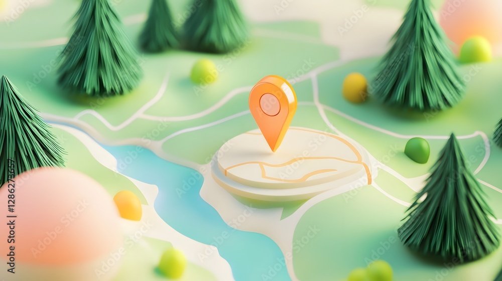 Poster Minimalist map pin icon on a tranquil serene green nature landscape featuring a forest of pine trees a flowing river or stream with reflections and rolling hills or mountains in the background