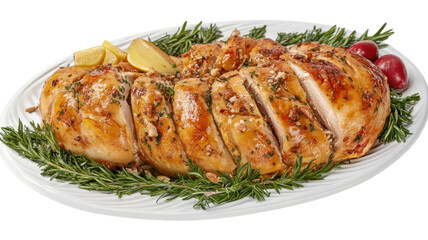 Roast chicken served on a platter with herbs and lemon slices for a festive meal celebration