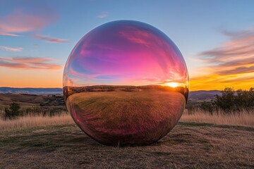 Stunning Reflective Sphere at Sunset in Serene Countryside Landscape