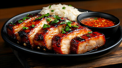 A delicious plate featuring grilled pork slices, served with fragrant rice and a spicy dipping sauce, perfect for food lovers.