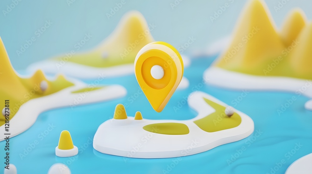 Aufkleber Minimalist map pointer icon in a bright abstract landscape of colorful geometric shapes representing a geographic location journey or navigation concept  Digital app or user interface design element