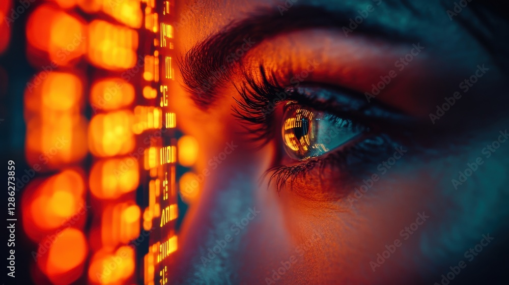 Poster close up of eye scanning encrypted digital information for cybersecurity and authentication