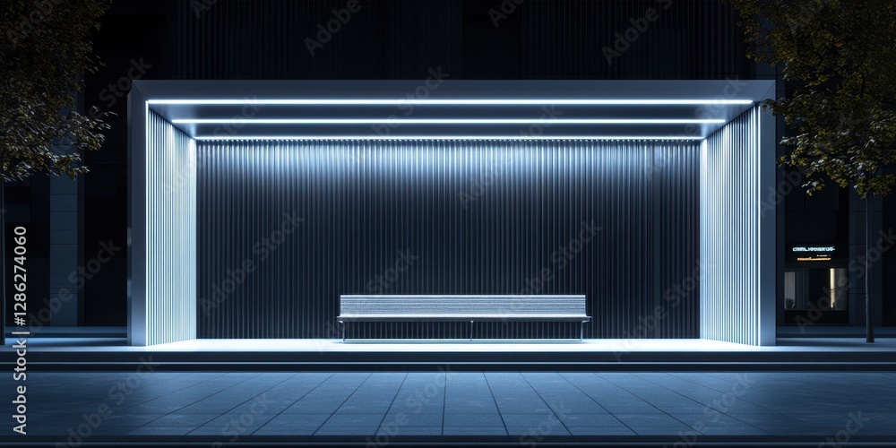 Poster an illuminated bench stands elegantly in front of a building, accompanied by a tree that adds a touc