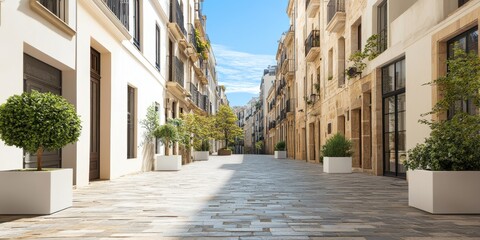 A quaint narrow street lined with decorative planters, creating a charming and inviting atmosphere for pedestrians and visitors.